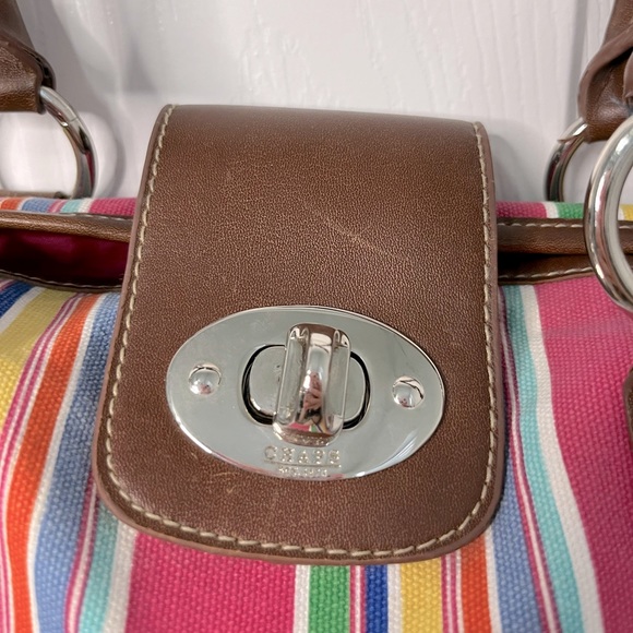 CHAPS FABRIC COLORFUL STRIPED PURSE WITH BROWN LEATHER - Picture 3 of 5